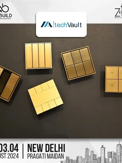 A promotional graphic for our participation in the D-arc BUILD expo, showcasing our elegant golden keypads.