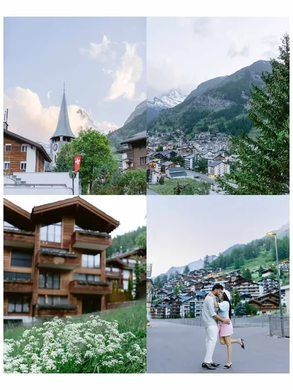 A collage showcasing the charm of Zermatt, Switzerland. From the classic alpine architecture to the couple's sweet embrace, it’s a snapshot of a perfect day in a fairytale town.
