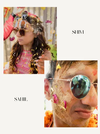 A creative portrait of the couple with sunglasses on, their faces partially covered in turmeric, showcasing their cool and fun side.