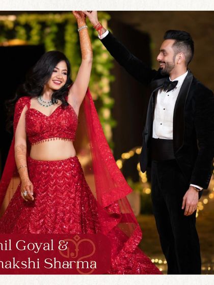 A beautiful client in a stunning red lehenga, dancing with her partner. I celebrate the love and commitment of couples who find their perfect match through my services.
