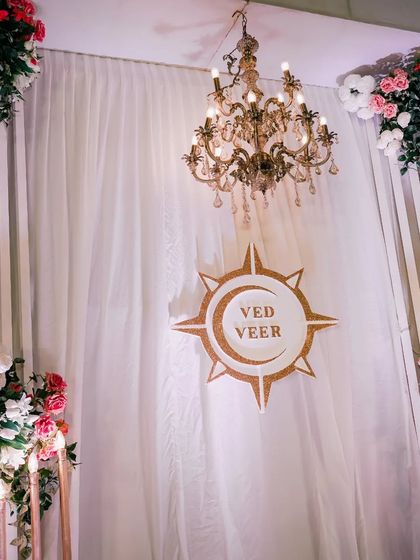 A detail shot of the elegant stage decoration for the naming ceremony of Ved and Veer. We capture all the details that make your event special.