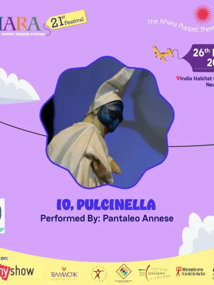 The poster for 'Io, Pulcinella', celebrating Italy's most famous puppet character. The design highlights the traditional and cultural roots of this playful Neapolitan performance.