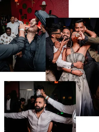 A collage of wild and fun moments from the after-party, showing the couple and their friends celebrating without inhibition.