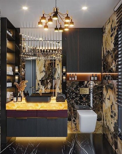 This guest bathroom is designed to impress, with dramatic black and gold Patagonia marble walls. A modern chandelier and a sleek, wall-mounted toilet complete the luxurious and timeless design.