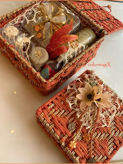 Not just a hamper, it's your vibe in jute. Our orange woven hamper can be customized to your liking, making it a truly personal and thoughtful gift.