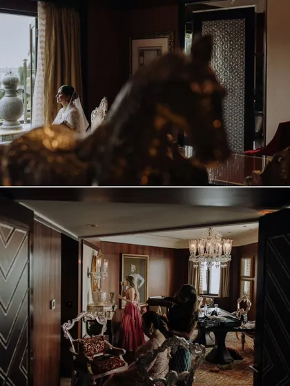 A collage showing moody, atmospheric shots of the bride getting ready in a lavish, wood-paneled suite with antique furniture.