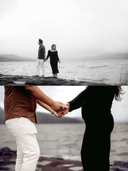 A black and white collage showing the couple holding hands by the water. The wide shot and the close-up on their hands together create a powerful narrative of their journey.