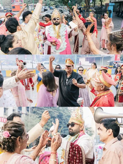 A collage capturing the high energy and celebration of the groom's Baraat, with friends and family dancing in the street.