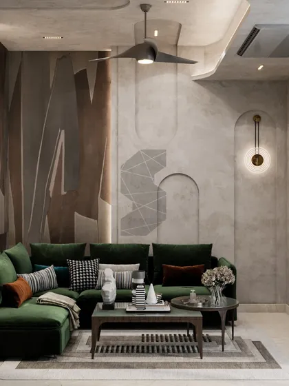 We designed this multifunctional room to serve as both a guest room and an entertainment lounge. A plush green L-shaped sofa provides comfortable seating, while the walls feature a unique blend of textured paint and abstract art panels, creating a modern and artistic vibe.