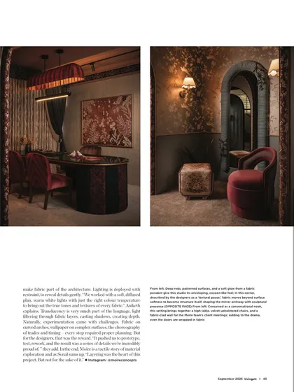 A look at the maximalist design of Zone Three as seen in Livingetc India. The feature showcases the custom client table, rich velvet chairs, and the moody, textured wall treatments that define this bold and expressive area of the boutique.