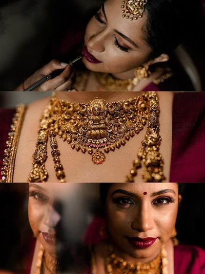 A collage of getting-ready shots, focusing on the details: the application of lipstick, a close-up of the intricate gold necklace, and a final reflective portrait.