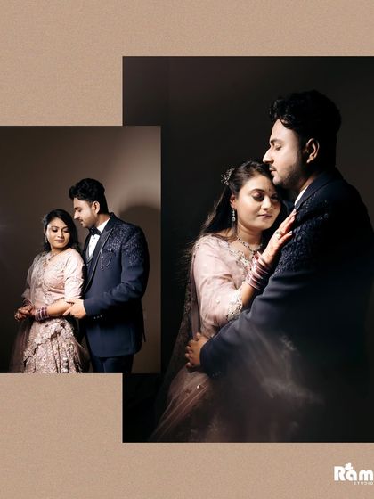 This collage showcases a classic studio portrait session. The soft, diffused lighting and the couple's close embrace create a timeless and romantic feel, perfect for an engagement announcement.