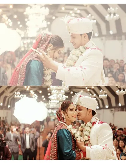 A collage from the wedding ceremony, featuring the groom affectionately kissing the bride's forehead. This layout combines different angles to tell a story of love and commitment during the wedding rituals.