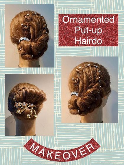 An ornamented put-up hairdo on a mannequin. This style features intricate twists and braids, beautifully decorated with sparkling hair accessories.