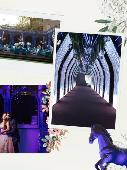 A collage from a sophisticated Sangeet night, showing the grand illuminated tunnel entrance, the elegant blue and white decor, and a romantic shot of the couple.