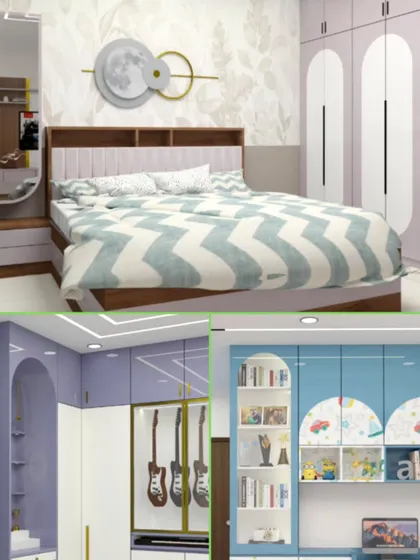 A collage showcasing different design concepts for kids' rooms. We offer a variety of themes, from celestial patterns to playful colors, all with integrated storage and study solutions.