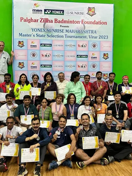 A hall full of champions. Our player Bhagyalaxmi Kulkarni (front row, second from left) among the winners at the Maharashtra Master's State Selection Tournament.