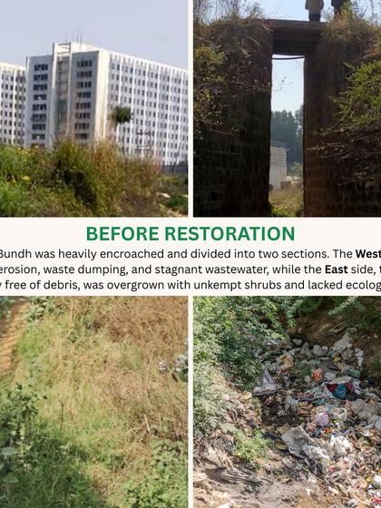 The Behrampur Bundh before restoration was an eroded, waste-filled site with stagnant wastewater. The east side was overgrown with unkempt shrubs, lacking any ecological balance.