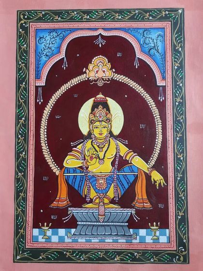 A Pattachitra depiction of Lord Ayyappa, or Manikanta, in his meditative pose. The artwork is rich with symbolic details and a decorative border, characteristic of this traditional scroll painting style from eastern India.
