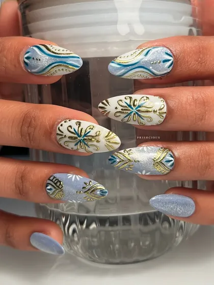Another angle of these detailed Navratri press-ons, showing how the gold, white, and blue patterns work together. I love creating custom sets like this that you can apply just for the event.