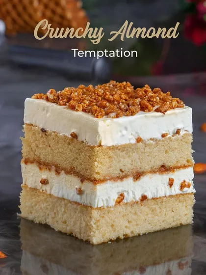 The Crunchy Almond Temptation ice cream cake. A delightful combination of vanilla sponge, almond-flavoured ice cream, and crunchy almond bits.
