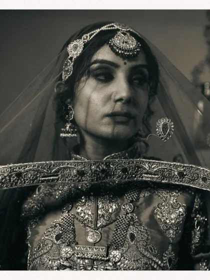 A dramatic shot through the veil, creating a sense of mystery and anticipation. This black and white photo highlights the detailed border of the dupatta and the bride's elaborate jewelry.