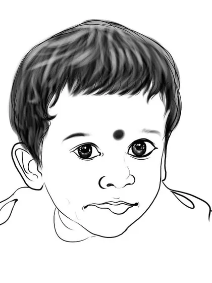 A clean, black and white digital line art portrait of a baby girl. This style is simple yet expressive, focusing on her innocent eyes and features.