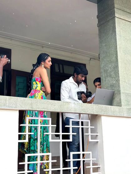 Our talented photographer Yogesh reviewing shots on the laptop with the model, Krithika. This collaborative process of shooting and reviewing in real-time is key to ensuring we capture the perfect mood and look for the campaign.