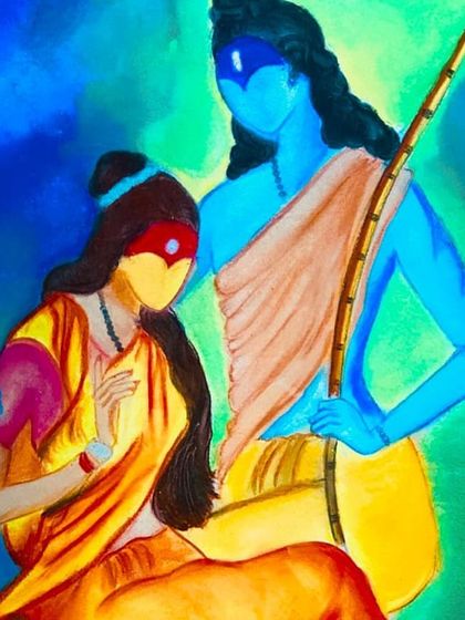 This beautiful painting of Radha and Krishna was created using soft pastels. The student learned how to blend the colors to create a soft, divine glow. It shows how we can use art to explore mythology and culture.