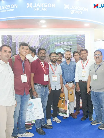 Visitors and team members gather at our booth on Day 2 of the REI Expo. The high level of engagement and interest in our solutions is a testament to the growing momentum of the renewable energy movement in India.