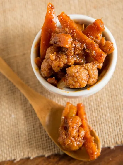 A spoonful of my Mixed Veg pickle, full of flavour and texture. This is what real *ghar ka achaar* looks and tastes like.