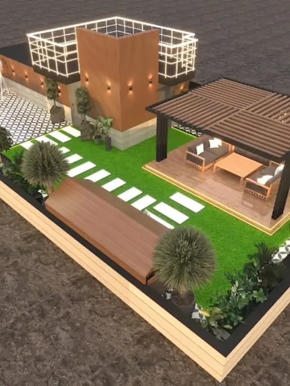An aerial view of the same proposed design, showing the complete layout and zoning of the space.