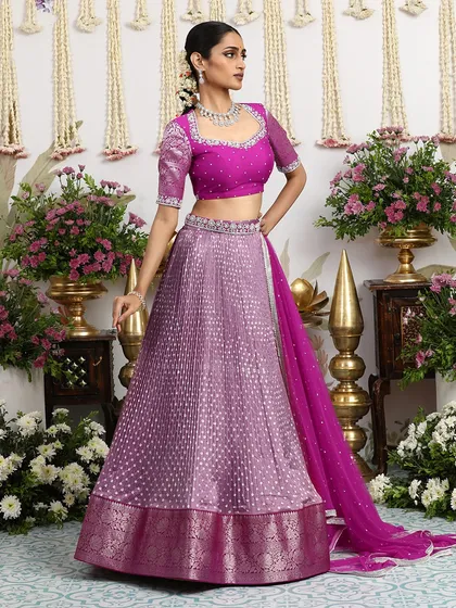 The side profile of the ombre lehenga, showing the beautiful gradation of color.