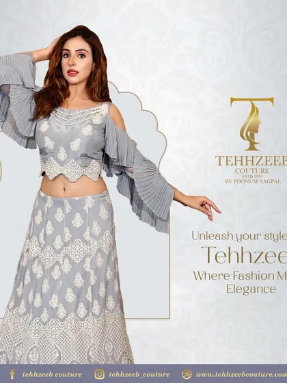 Unleash your style with Tehhzeeb, where fashion meets elegance. This grey lehenga with cold-shoulder bell sleeves is a perfect example of our unique designs.