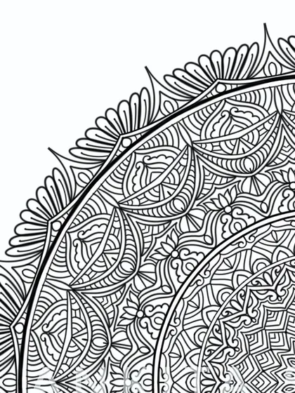 A corner detail of the intricate black and white mandala. Each section contains unique patterns that work together to form a harmonious whole, highlighting the yin and yang of empty space and detailed design.
