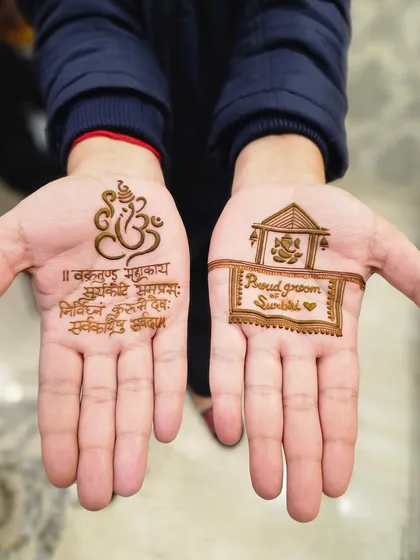 Your mehndi can be a reflection of what's important to you. On one hand, we did a sacred Ganesh mantra for blessings, and on the other, a design celebrating his status as a proud groom, complete with his wife's name.