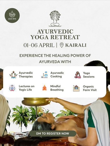 Another invitation to our Ayurvedic Yoga Retreat in Kairali. The image of Shirodhara, a classic Ayurvedic therapy, instantly communicates the deep relaxation and healing offered.