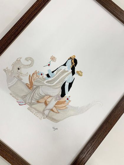 A closer look at the artwork, showing the subtle texture of the paper and the rich colors, all clearly visible through the museum glass.