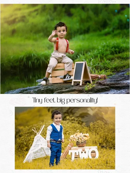Tiny feet, big personality. A collage from my son's second birthday shoot, showing his adventurous spirit in an outdoor setting.