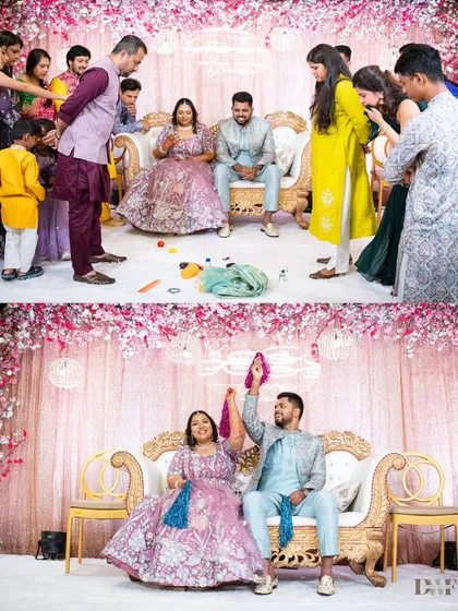 A collage showing the fun and games at an engagement ceremony. These candid moments of family interaction and traditional games add to the story of the day.