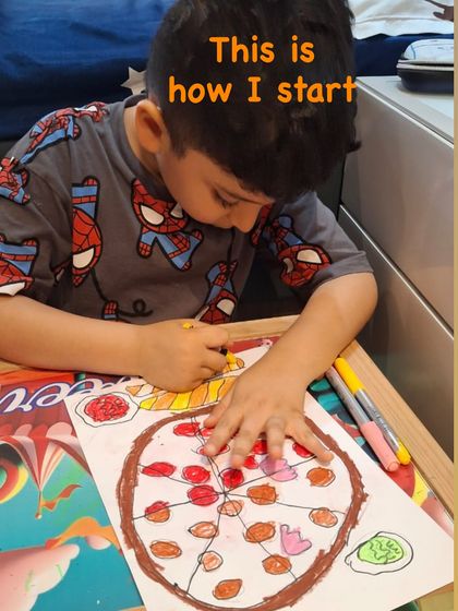 A young artist begins his pizza drawing, carefully outlining the toppings and crust. Our method breaks down complex images into simple, manageable steps.
