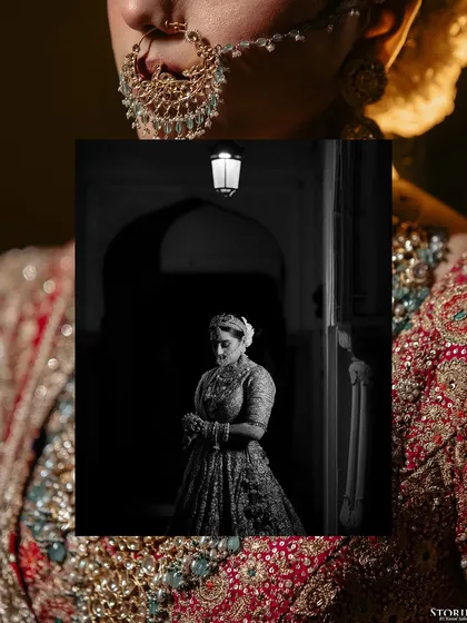 A creative collage combining a close-up of the bride's nose ring with a dramatic black and white portrait.