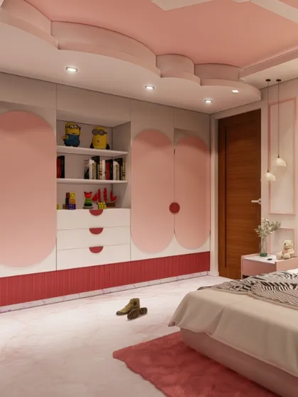 This children's bedroom uses a palette of pinks and whites with playful, organic shapes on the wardrobe doors and ceiling. The design is modern and fun, with integrated shelving for books and toys.