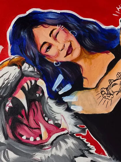 A section of a pop-art inspired painting, showing a woman with blue hair next to a roaring tiger. The style is graphic, with a bold red background.