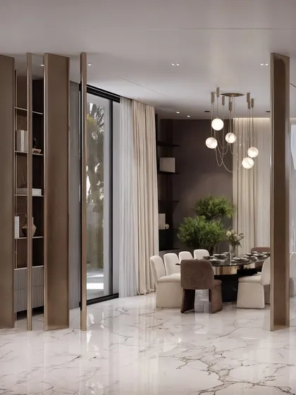 This view shows the dining area separated from the living space by a series of rotating panels, a design feature that my visualization clearly explains.