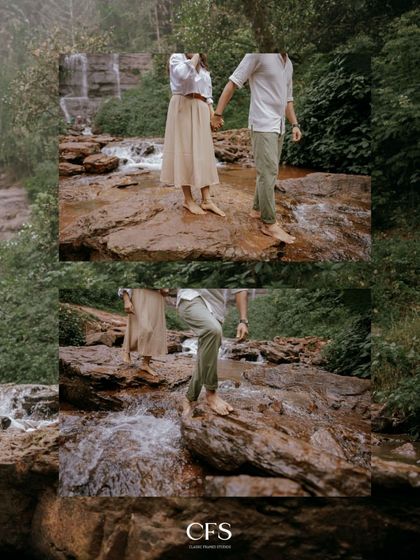 A creative collage showing a couple exploring a rocky stream. This format helps to tell a small story of their adventure, from holding hands to navigating the terrain together.