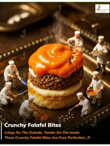 I love adding a touch of whimsy to my food. These crunchy falafel bites are presented with miniature chef figurines, showcasing my team's playful creativity and meticulous attention to detail in every bite.