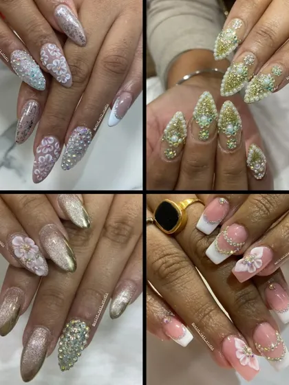 More inspiration for my beautiful brides. This collection showcases heavily detailed work, including full crystal-encrusted nails, delicate pearl accents, and intricate 3D flowers, perfect for making a statement on your wedding day.