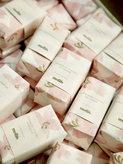 A box full of the Japanese Cherry Blossom and Lavender Patchouli soaps for the announcement.