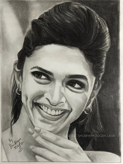 A pencil sketch of Deepika Padukone, capturing her iconic smile and dimples. I focused on the play of light and shadow to bring out her cheerful expression.